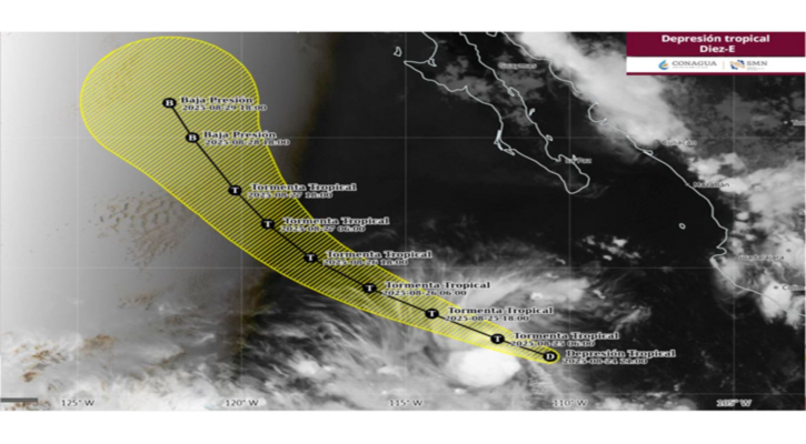 Continúa la depresión tropical 10-E su desplazamiento al sur de BCS