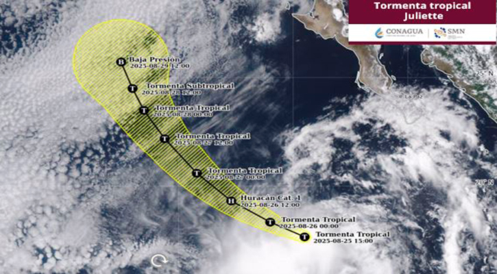 “Juliette” como tormenta tropical se desplaza al suroeste de BCS; se ubica a 755 km de CSL
