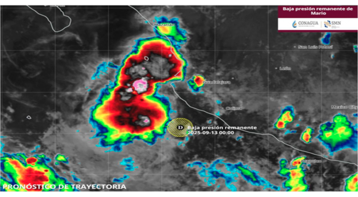 Baja presión remanente de “Mario” frente a las costas de Colima y Jalisco