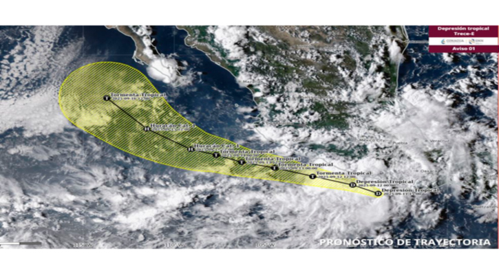 La depresión tropical 13-E se desplaza paralela a las costas de Oaxaca y Guerrero