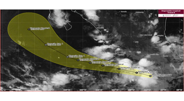 La depresión tropical 13-E continua su desplazamiento paralelo a las costas de Oaxaca y Guerrero