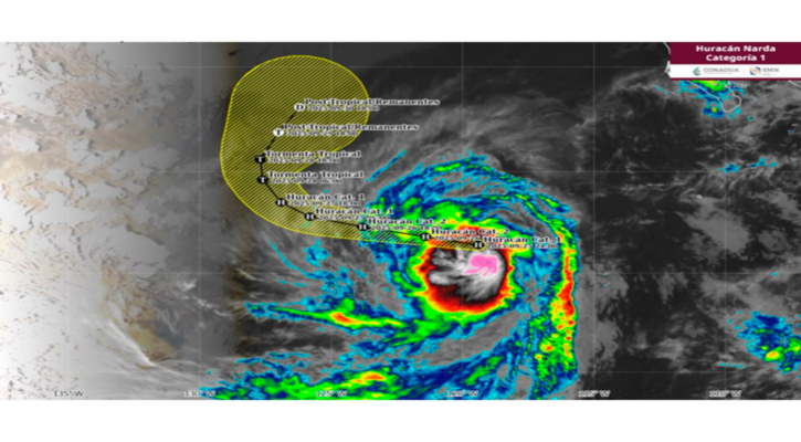 “Narda” de mantiene como huracán categoría 1, al suroeste de la Península de Baja California