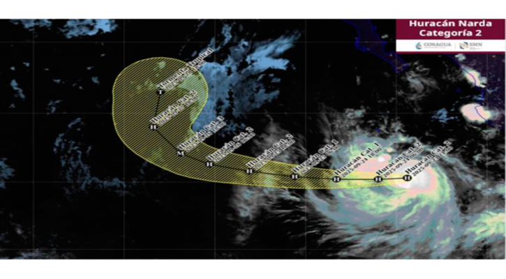 El huracán “Narda” se ha intensificado a categoría 2, se localiza frente a las costas de Jalisco y Colima