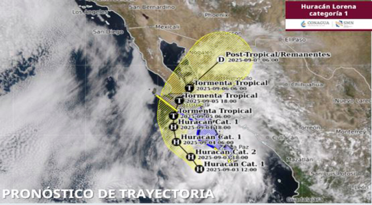 Se aleja paulatinamente el huracán “Lorena” de categoría 1 en la escala Saffir-Simpson de CSL; está a 230 km al oeste 