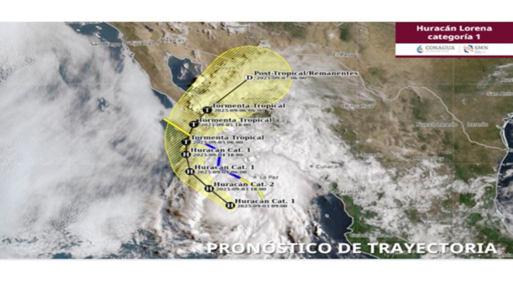 El huracán “Lorena” de categoría 1 en la escala Saffir-Simpson se mantiene al sur de BCS; está a 185 km de CSL