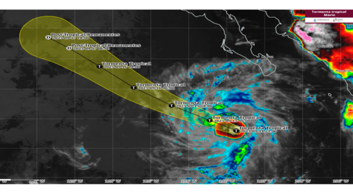 La tormenta tropical “Mario” mantiene las condiciones para lluvias fuertes, viento y oleaje elevado en BCS