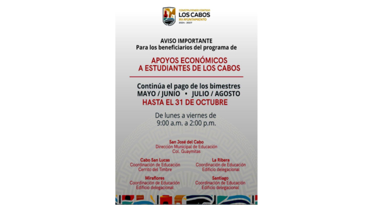 Continúa pago de apoyos económicos a estudiantes de Los Cabos