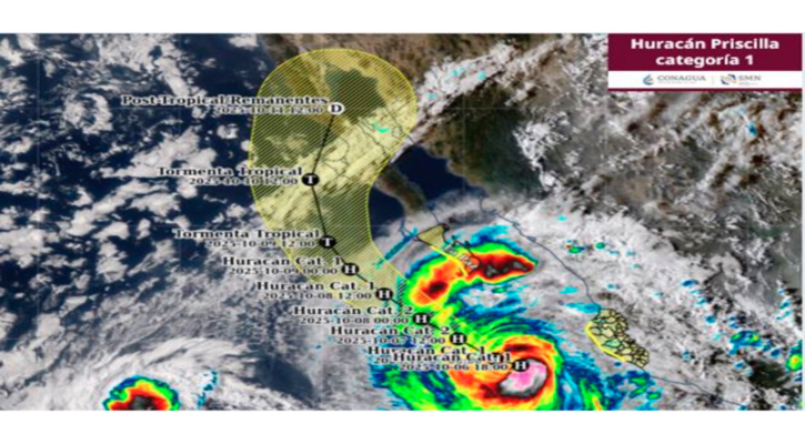 Se mantiene “Priscilla” como huracán categoría 1 con desplazamiento al nor-noroeste; a 495 km de CSL