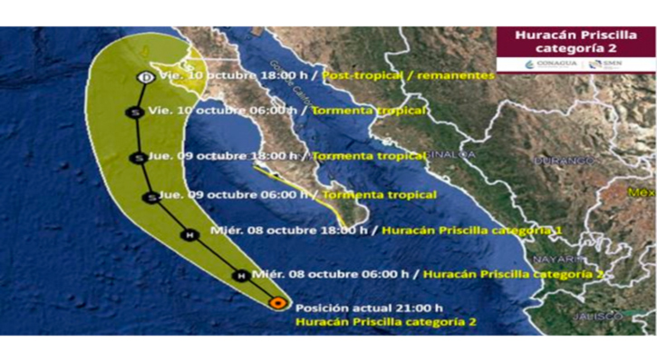 “Priscilla” se mantiene como huracán categoría 2; se ubica a 305 km de CSL