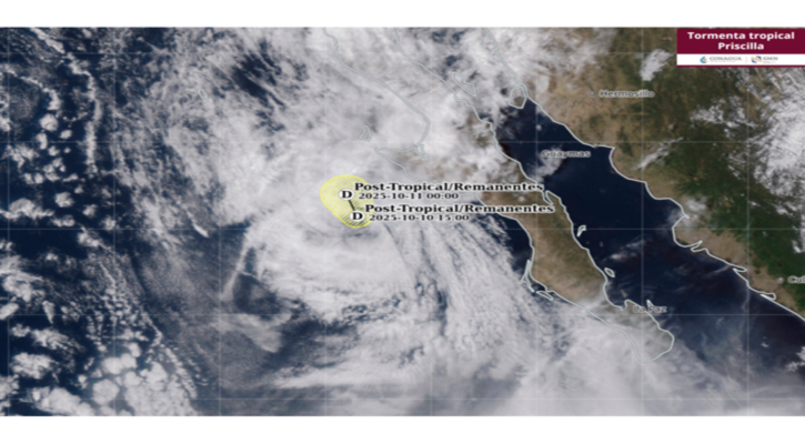 “Priscilla” ahora como ciclón post-tropical está al oeste de BCS