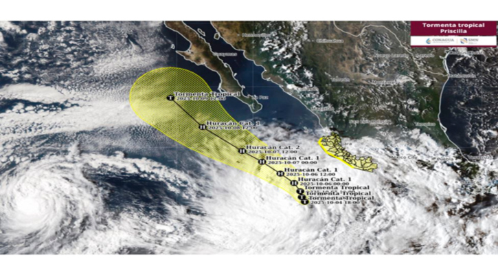 La tormenta tropical “Priscilla” se ubica al suroeste de las costas de Jalisco y Colima