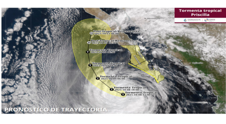 “Priscilla” ahora como tormenta tropical, continúa al suroeste de BCS