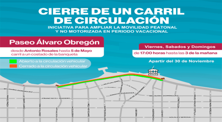 A partir de hoy de viernes a domingo se cerrará en un carril de circulación del Paseo Álvaro Obregón en La Paz