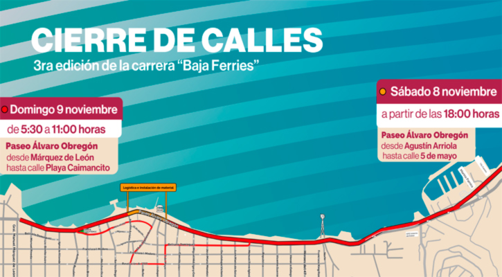 Cierre del Paseo Álvaro Obregón y calles del Centro Histórico por 3ra. edición de la carrera Baja Ferries