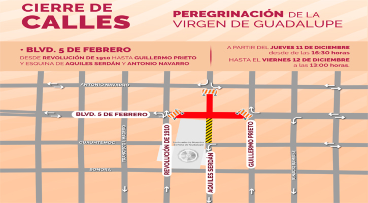 Anuncian para este jueves en La Paz cierres viales por celebraciones a la Virgen de Guadalupe