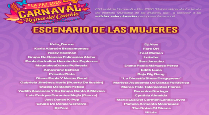 Anuncia el Instituto Municipal de las Mujeres cartelera artística del Carnaval La Paz 2026