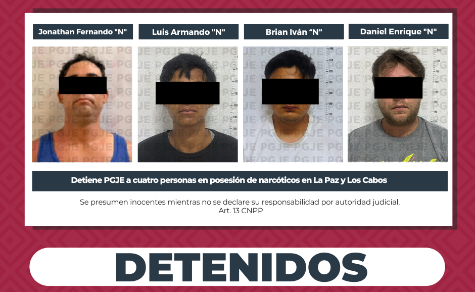 Detienen a 4 probables narcomenudistas y aseguran narcótico en La Paz y Los Cabos Detienen a 4 probables narcomenudistas y aseguran narcótico en La Paz y Los Cabos