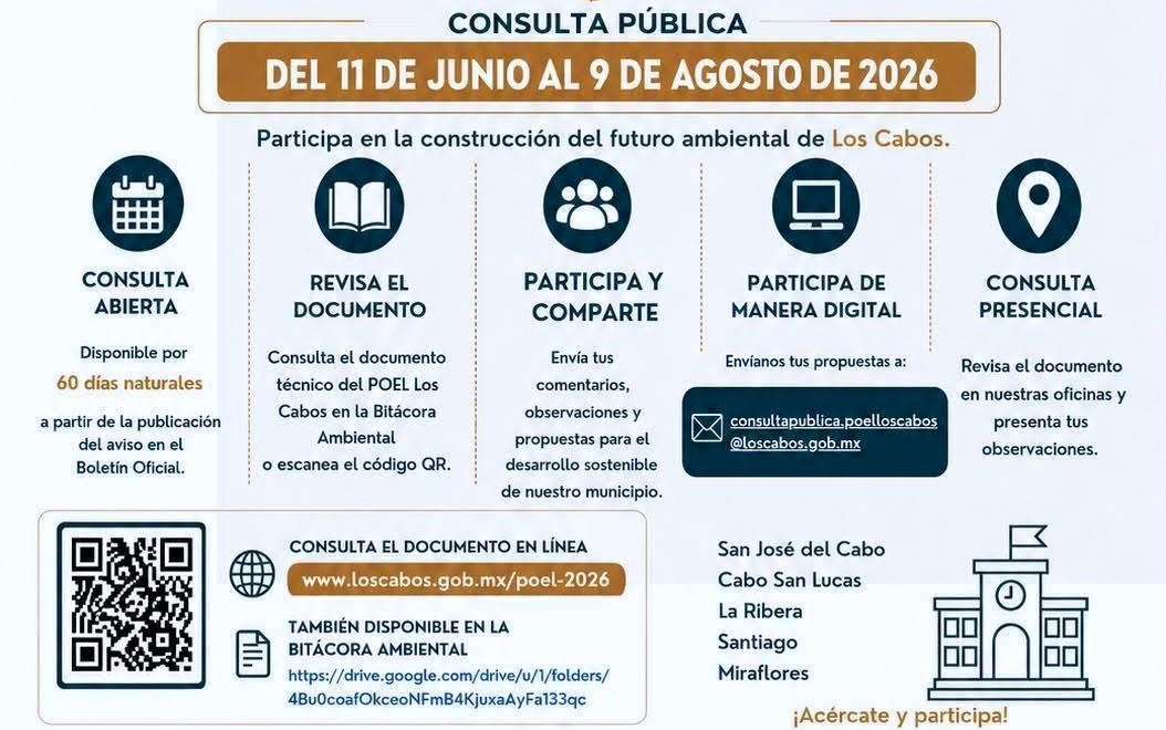 Invitan a participar en Consulta Pública del POEL Los Cabos 2026