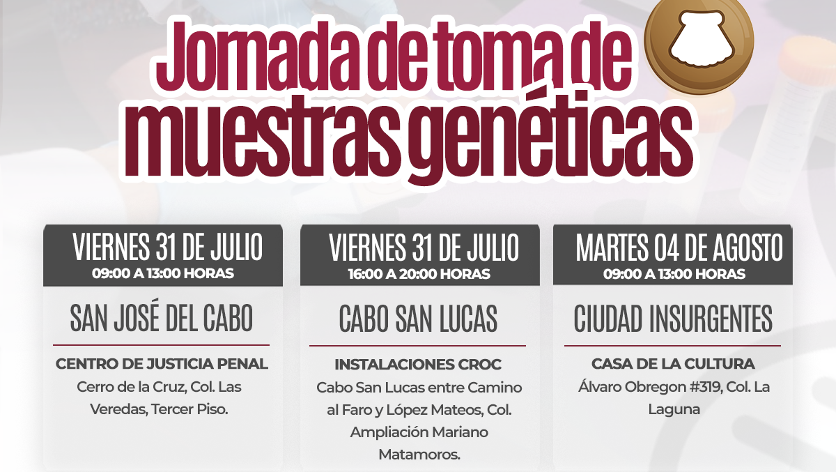 Convoca PGJE a jornadas de toma de muestra genéticas para fortalecer procesos de búsqueda e identificación en SJC, CSL e Insurgentes Convoca PGJE a jornadas de toma de muestra genéticas para fortalecer procesos de búsqueda e identificación en SJC, CSL e Insurgentes