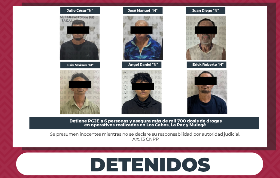 Aseguran más de 1,700 dosis de droga y detienen a 6 personas en operativos contra el narcomenudeo en BCS