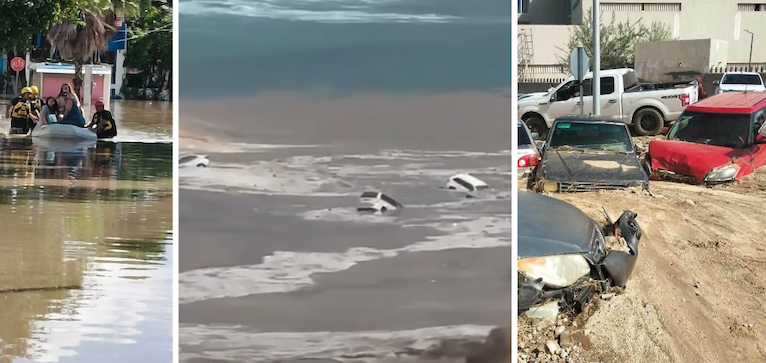 La furia de naturaleza otra vez sobre Los Cabos, arroyos arrastran vehículos y personas; en La Paz también llueve