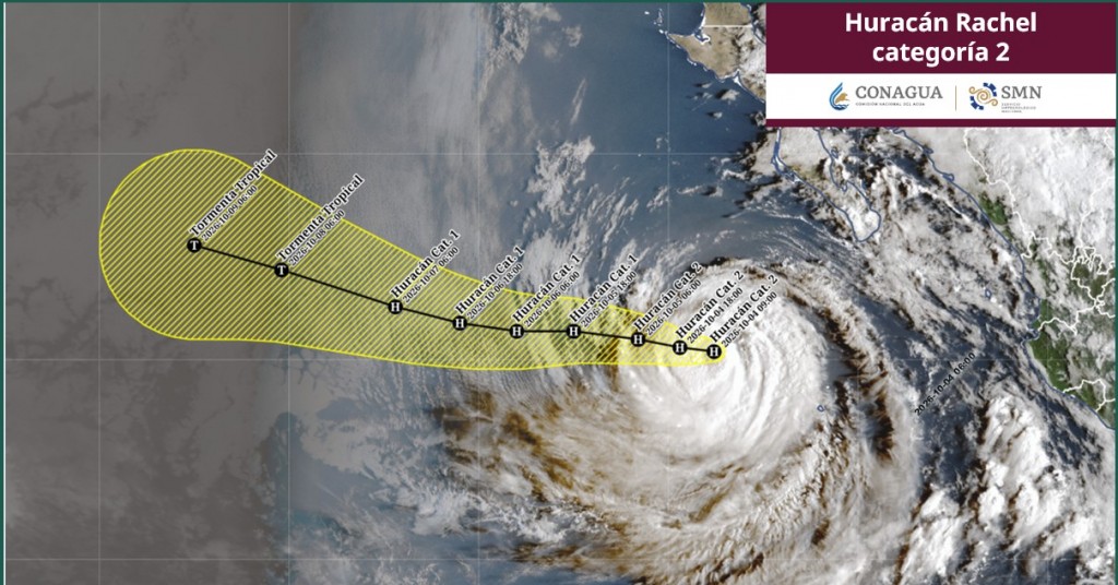 “Rachel” se mantiene como huracán categoría 2 y se aleja de BCS; se ubica a 500 km de CSL
