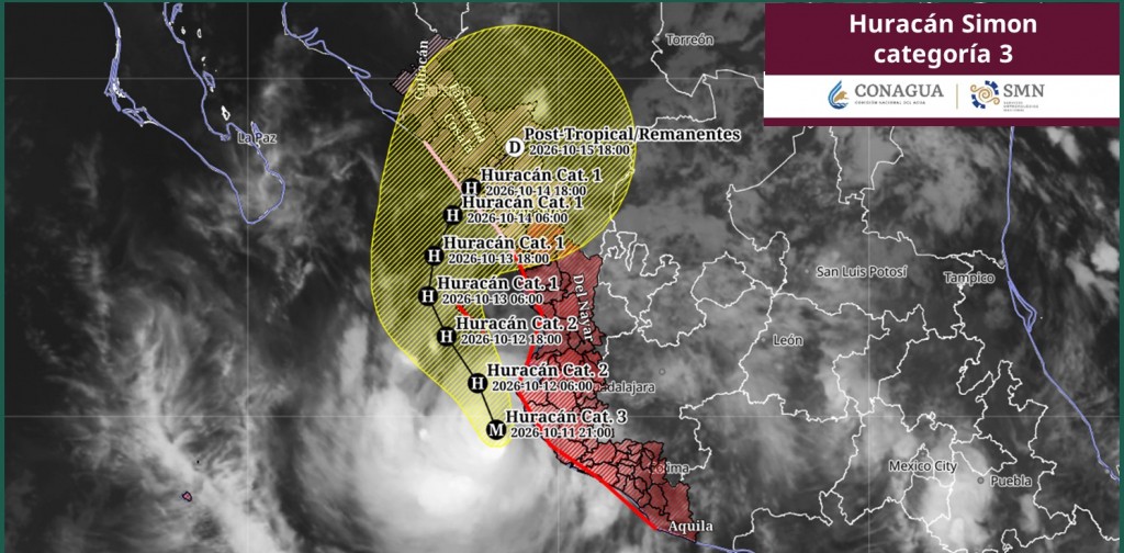 Huracán “Simón” de categoría 3 mantiene un desplazamiento lento y paralelo a las costas de Jalisco
