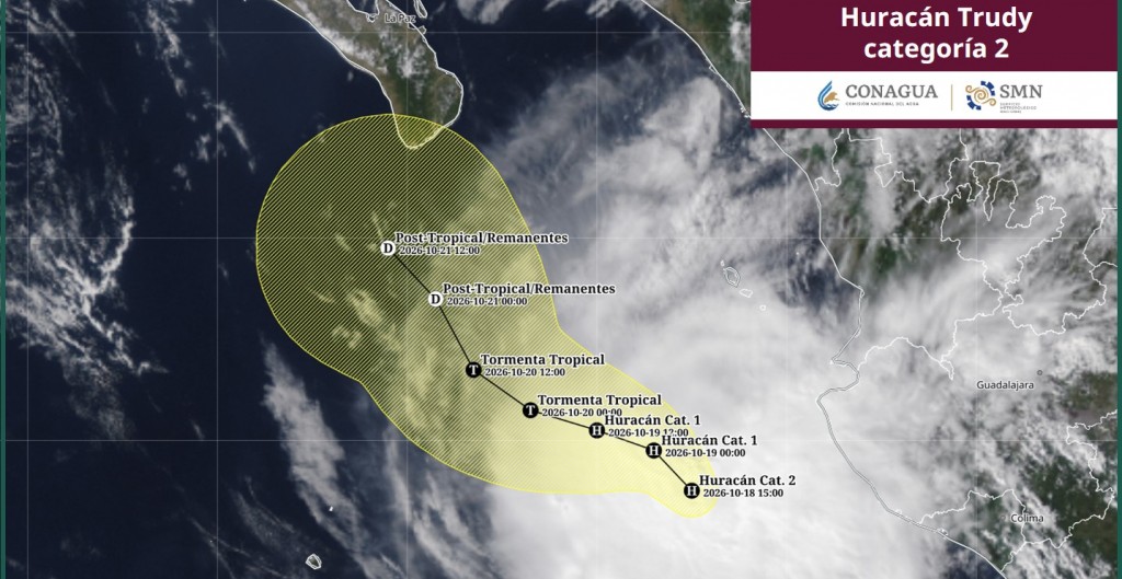 El huracán “Trudy” categoría 2 se aleja lentamente de la costa de Jalisco